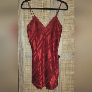 Vintage 1990s red, silky striped slip dress with lace bodice women size small